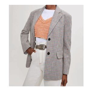 NWT Maje Houndstooth Pattern Suit Jacket Blazer Tweed Blue Gold Cream Size Small
